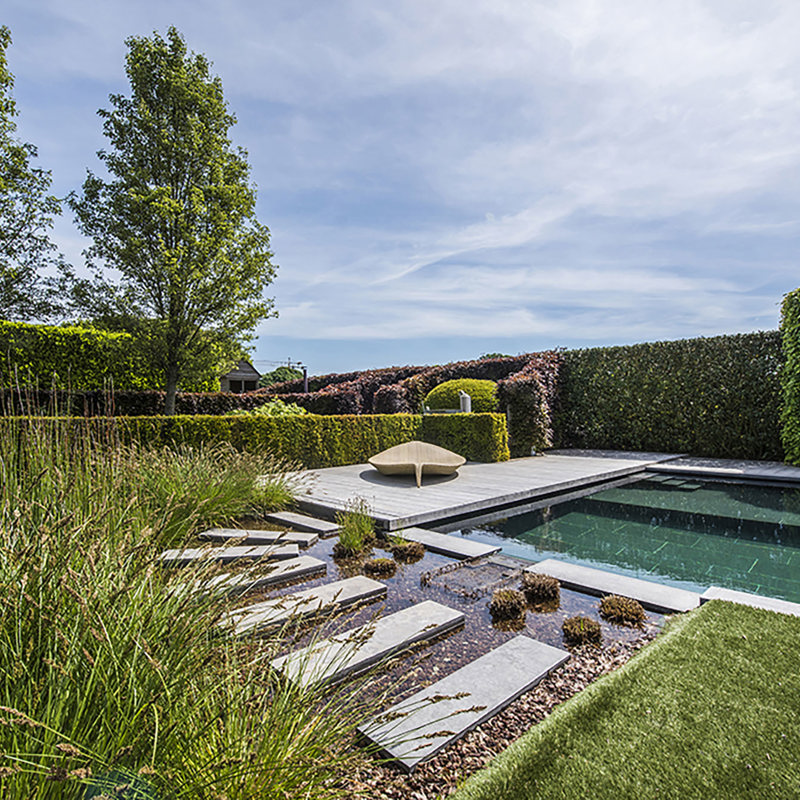 Zwemvijver met modern meubilair